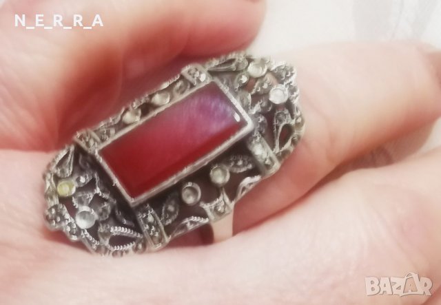 Старинен сребърен пръстен с естествен карнеол, снимка 5 - Пръстени - 39908216