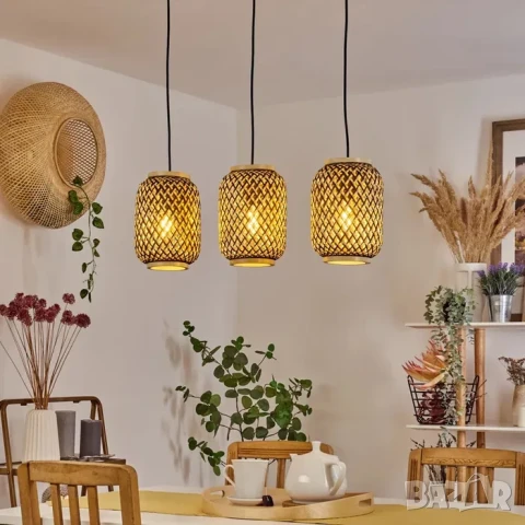 Полилей Лампа VENUS ратанова с три глави винтидж 50 см черна основа, снимка 9 - Лампи за таван - 51423444