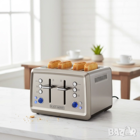 Мощен тостер Black+decker BXTO1960E - Неръждаема стомана с 4 слота, LCD дисплей и стойка за кифли