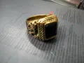Мъжки пръстен много красив и масивен неръждаема стомана златен цвят позлатен с черен камък !, снимка 1