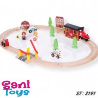 Дървена железопътна композиция с влак, мост и сгради, 70 части, снимка 1 - Играчки за стая - 38094466