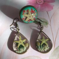 Дамски комплекти обеци и пръстен с морски звезди и охлювчета. 2 различни цвята., снимка 2 - Бижутерийни комплекти - 32961594