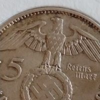 Сребърна монета 5 райхсмарки 1937г. Нацистка Германия Трети Райх с СХВАСТИКА за КОЛЕКЦИЯ 42071, снимка 3 - Нумизматика и бонистика - 43798984