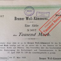 Акция за 1000 марки | Bremen Woll-Kämmerei | 1920г., снимка 2 - Други ценни предмети - 27887748