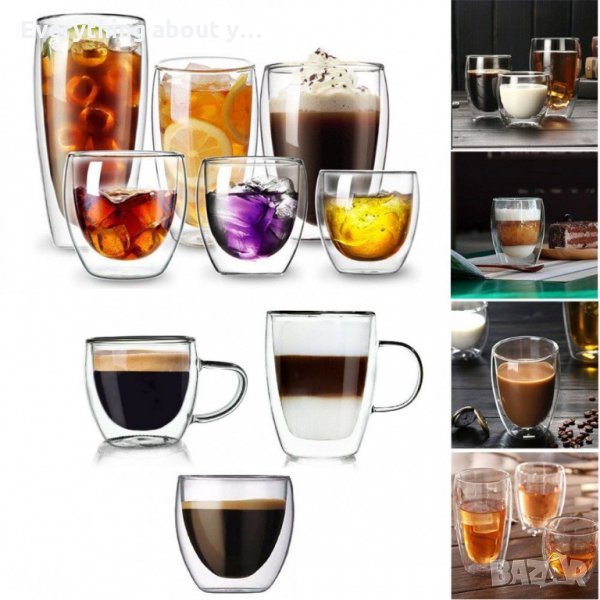 Двустенна стъклена чаша за всякакъв вид напитки в 4-ри различни модела, снимка 1
