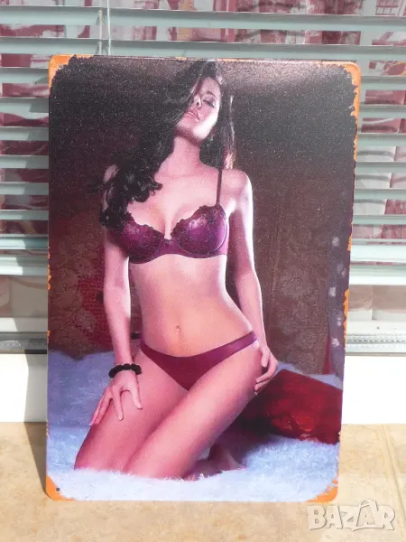 Метална табела еротика брюнетка по бельо желание страст очакване, снимка 1