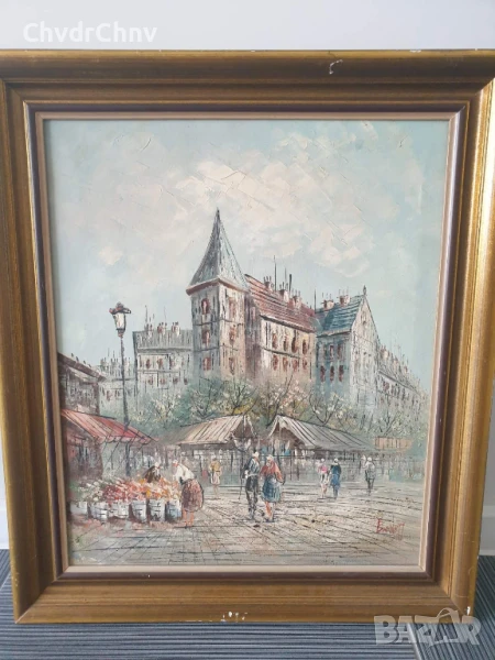 75х65см/голяма картина масло върху платно/градски пейзаж-пазар/дървена рамка, снимка 1