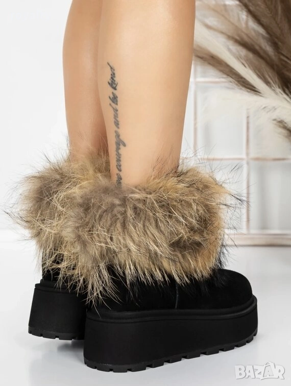 Боти на платформа - черен ЕСТЕСТВЕН велур с бежов ЕСТЕСТВЕН косъм, снимка 1