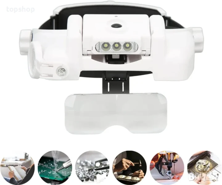 Лупи за глава, увеличителни стъкла с 3 светодиода, бяла, 23 вида, регулируема акумулаторна MG82000MC, снимка 1