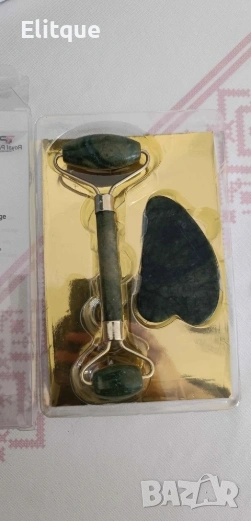 Нефритен масажор за лице с 2 ролки, в комплект с плосък нефритен камък  TV645, снимка 1