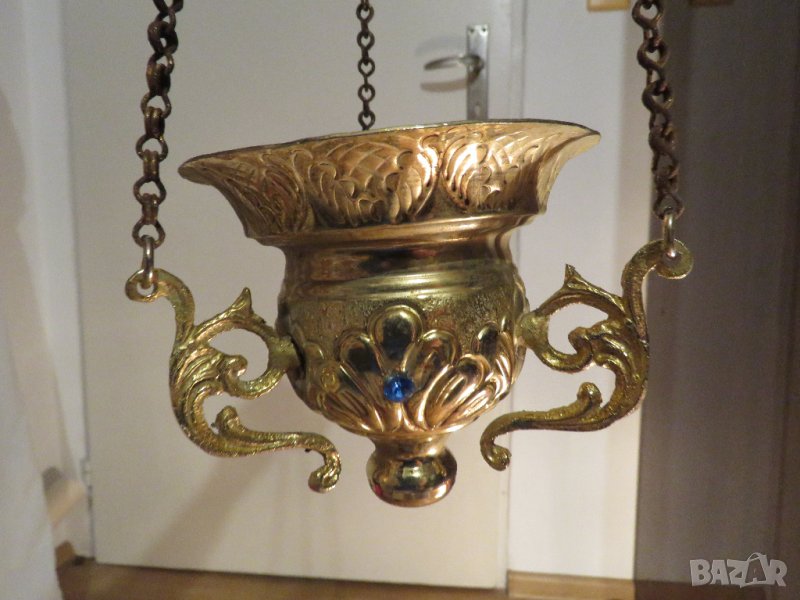 Старо кандило, голямо Старинно висящо бронзово кандило  със сини камъни -вис 40 см., снимка 1