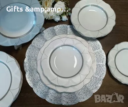 Порцеланов сервиз за хранене със сребърен орнамент- 18 части, снимка 1