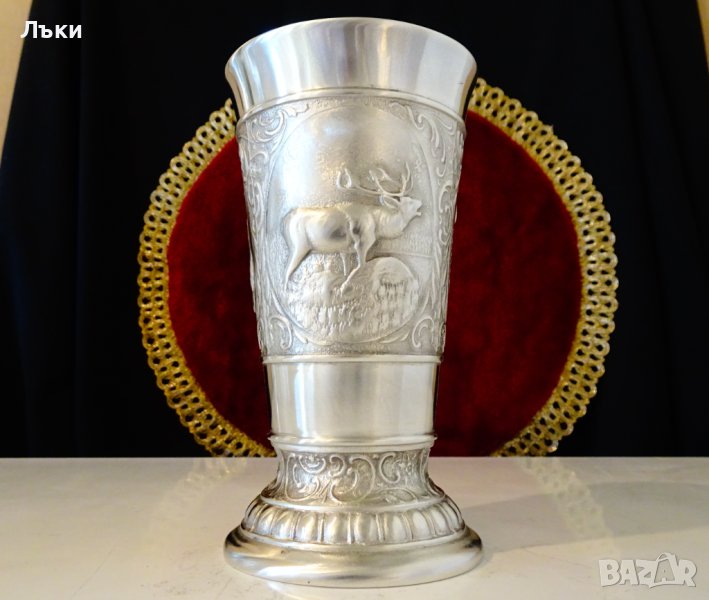 Ловен бокал,халба,чаша от калай с Елен,Сърна,Ловец. , снимка 1