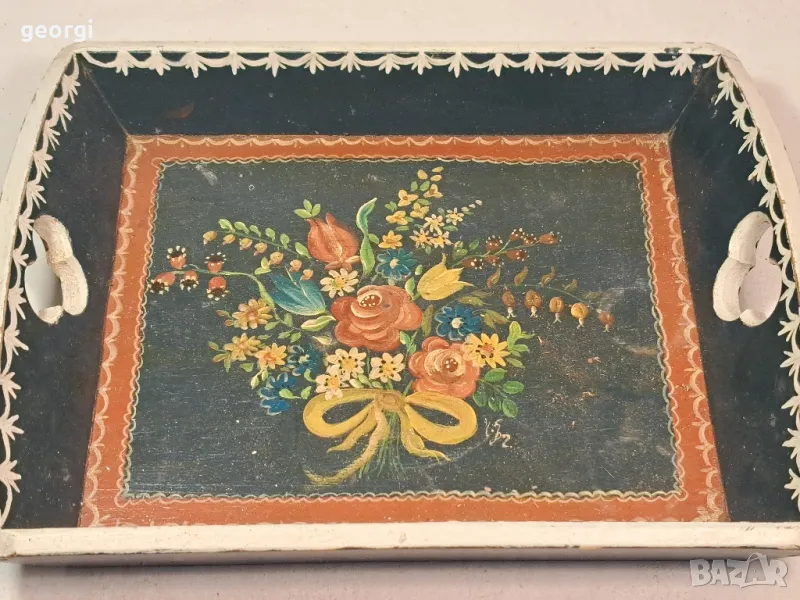 ретро дървен ръчноизрисуван с цветя поднос 22/3, снимка 1