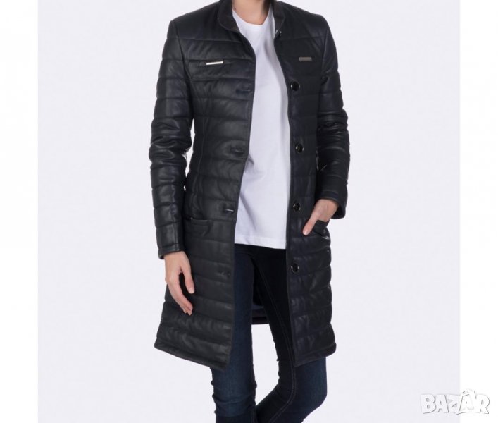 Тъмносиньо кожено ватирано дълго дамско яке марка Giorgio di Mare - XL, снимка 1