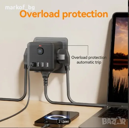 Разклонител 7-в-1 с 3 ЕС контакта, 3 USB порта и Type-C порт, снимка 1