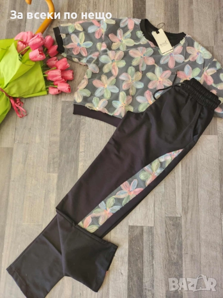 Дамски Спортен Комплект Тениска И Долнище С Декорация От Цветя🔝Дамски Спортен Екип Код I_156, снимка 1