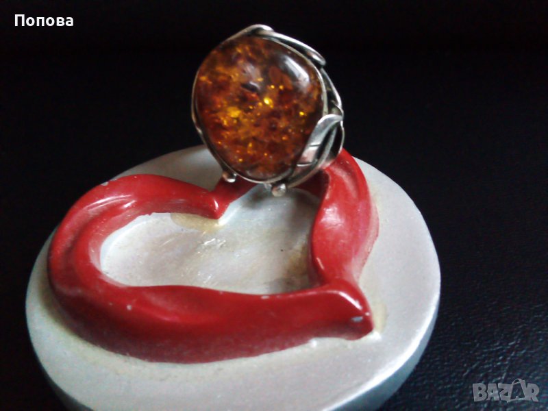 Дизайнерски масивен  сребърен пръстен с естествен кехлибар ръчна изработка , снимка 1