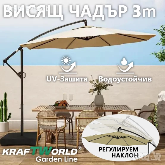 Градински Чадър с Регулируем Ъгъл и UV Защита – Ø300 см, 8 Ребра, снимка 1