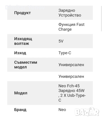 ЗАРЯДНО УСТРОЙСТВО NEO FCH 45 W Вата, снимка 2 - Оригинални зарядни - 44910132