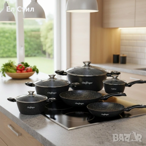 Комплект съдове за готвене Cheffinger от лят алуминий с мраморно покритие – 10 части, снимка 2 - Съдове за готвене - 53573403