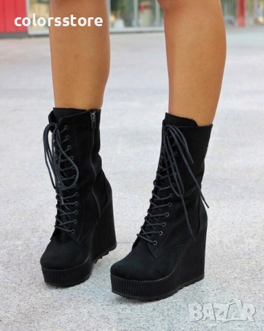 Боти на платформа - черен велур - TD33, снимка 3 - Дамски боти - 46880506