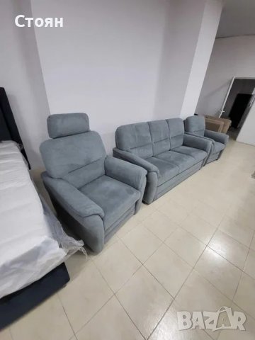 Син комплект тройка с функция сън и два фотьойла от плат "LS404820", снимка 4 - Дивани и мека мебел - 39964682
