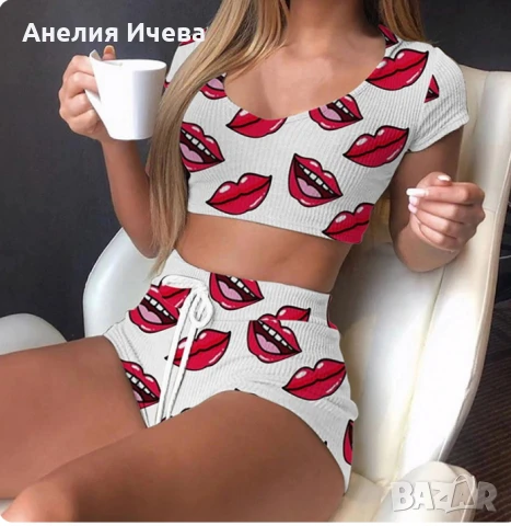 Рипсен дамски комплект – скъсена тениска и къси панталонки , снимка 4 - Къси панталони и бермуди - 50494285