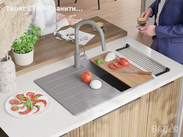 Сив кухненска мивка от гранит Копенхаген 40 Top 700х500, снимка 2 - Мивки - 50860918