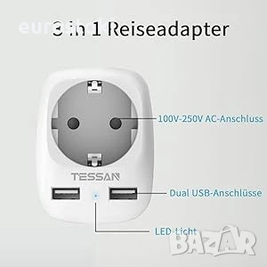 Tessan TS-611 Захранващ разклонител,  2 x USB-2.4A портове за зареждане, 10 A, адаптер за множество , снимка 4 - Кабели и адаптери - 50965887
