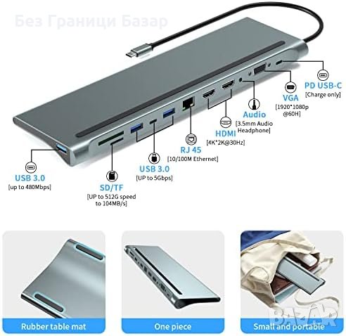 Нова 12-в-1 USB C Док Станция Хъб 3x Дисплей, Бърза Трансфер, Висока Съвместимост, снимка 4 - Друга електроника - 43425568