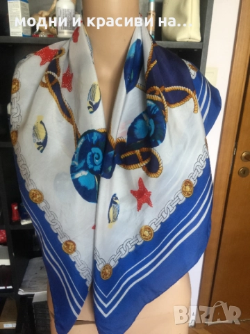 Копринен шал с морски десен, снимка 3 - Шалове - 52198701