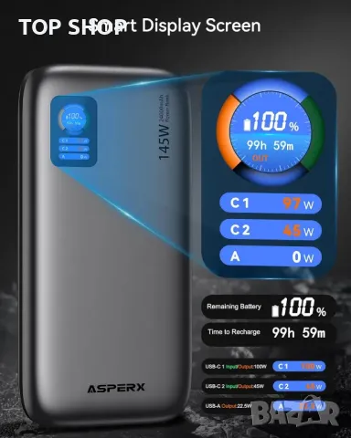 ASPERX 24000mAh 145W Power Bank, преносимо зарядно за лаптоп с TFT интелигентен дисплей, 3 порта, снимка 3 - Външни батерии - 49552050