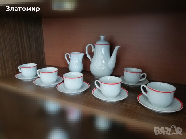 БГ сервиз за кафе с чайник, каничка за мляко и 6 чаши с чинийки, снимка 1 - Сервизи - 37142382