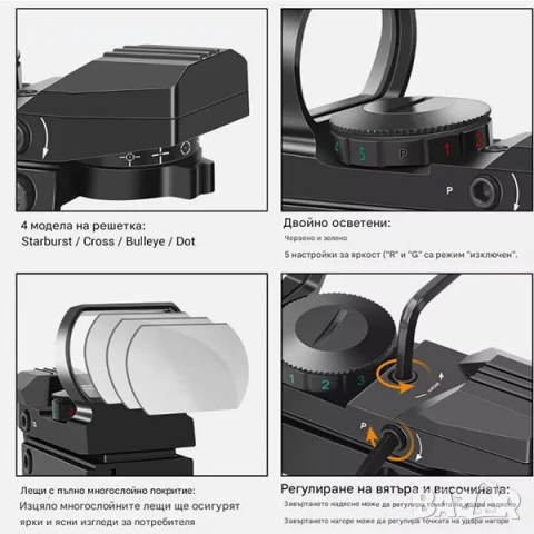 Тактически бързомер прицел с 4 фигури мерник бързомерец за въздушна пушка пистолет лов еърсофт, снимка 7 - Оборудване и аксесоари за оръжия - 51051709