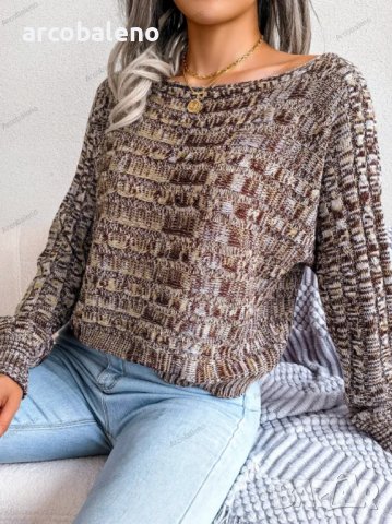 Дамски цветен плетен пуловер с дълъг ръкав и отворени рамена, 3цвята - 023, снимка 6 - Блузи с дълъг ръкав и пуловери - 39783629