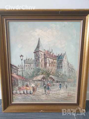 75х65см/голяма картина масло върху платно/градски пейзаж-пазар/дървена рамка