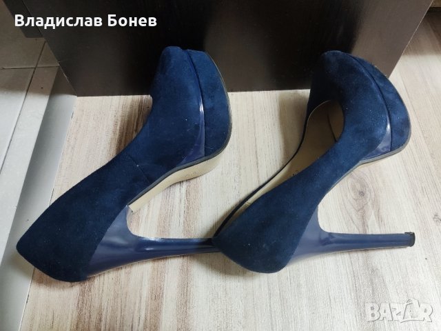 Сини велурени токчета, снимка 5 - Дамски обувки на ток - 43158950