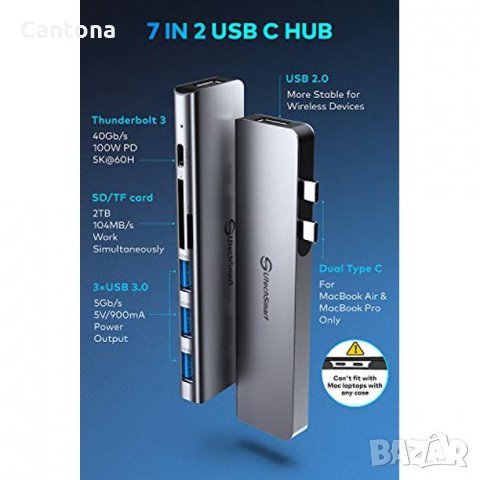 UtechSmart  USB-C хъб 7 in 2, алуминиев, 3xUSB 3.0, USB 2.0, PD 100W, TF/SD четец, снимка 2 - Други - 35481806
