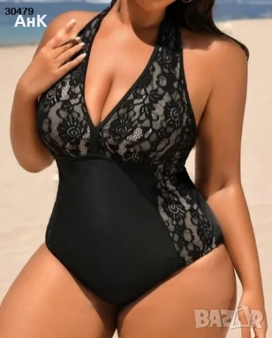 Цял черен бански костюм с дантела 2хл