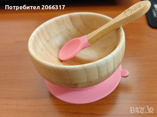 Детски комплект за хранене Oaki, Бамбукова купа, Чиния с форма на слонче, Лъжица, Розов