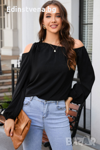 Дамска блуза в черен цвят с дълъг ръкав и ефектно завръзване при рамото, снимка 8 - Блузи с дълъг ръкав и пуловери - 44843732