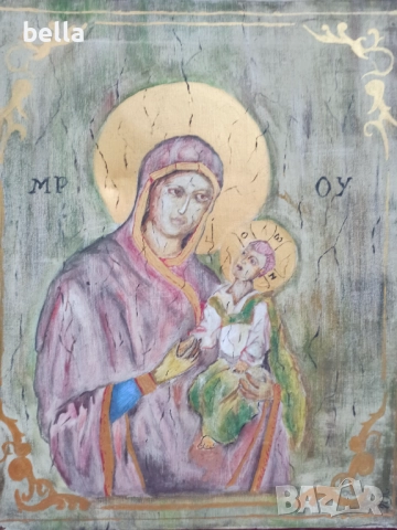 ИКОНА-ДЕВА МАРИЯ С МЛАДЕНЕЦА ,МАСЛО ВЪРХУ ПЛАТНО, снимка 2 - Картини - 52295960