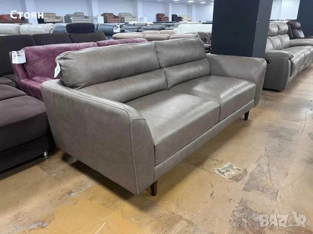 Бежов кожен диван тройка - 100 % естествена кожа., снимка 3 - Дивани и мека мебел - 52148001