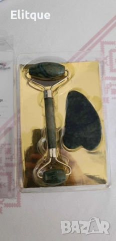 Нефритен масажор за лице с 2 ролки, в комплект с плосък нефритен камък  TV645