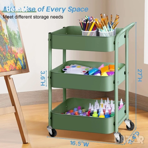 MISSLO Количка за съхранение, 3 нива, подвижна с колела и дръжка, под бюро, 69 см, зелена, снимка 6 - Други стоки за дома - 52722134