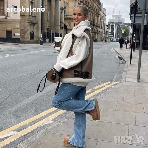 Дамско топло широко кожено яке без ръкави с шевове от полар, 2цвята , снимка 3 - Якета - 43487400