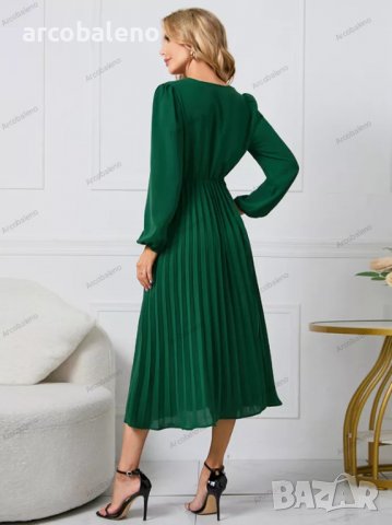 Дамска рокля с дълъг ръкав с тънък плисиран колан с V-образно деколте и пола с A-силует, 4цвята , снимка 15 - Рокли - 39147866