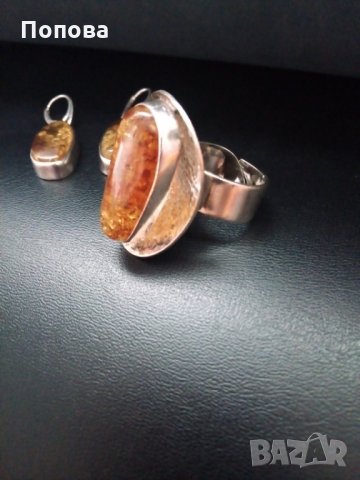 Дизайнерско сребро с естествен кехлибар/обеци и пръстен/, снимка 5 - Бижутерийни комплекти - 28352757