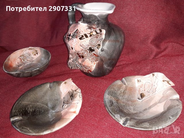 Керамичен комплект: кана, чинийка и два пепелника, снимка 7 - Декорация за дома - 38914421